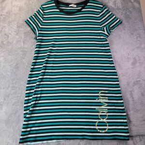 Calvin Klein Womens T-Shirt Dress XL Green Black Striped Casual Logo Lounge